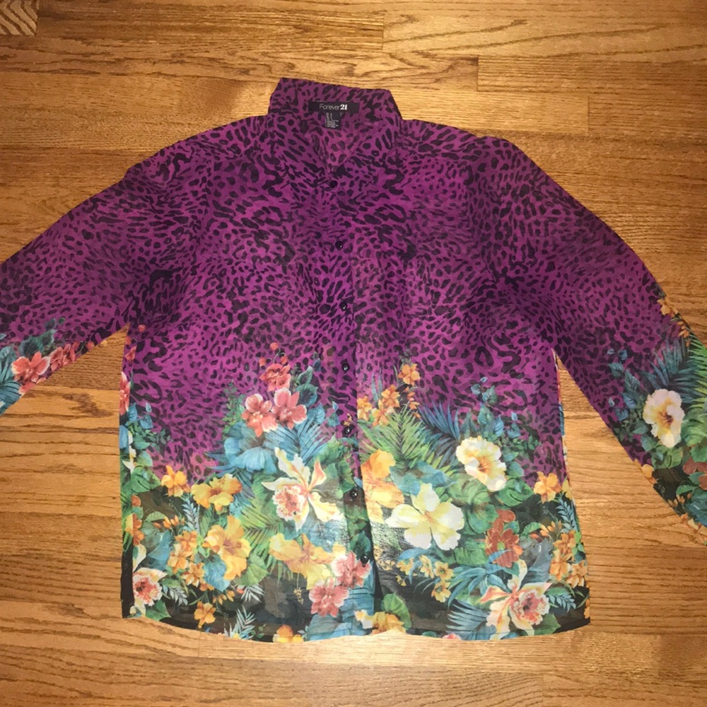 Leopard spotted top with floral trim